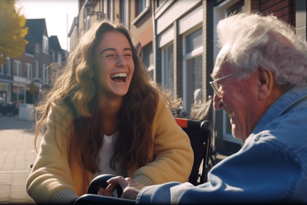 Meisje en oudere man lachen samen op GivingTuesday