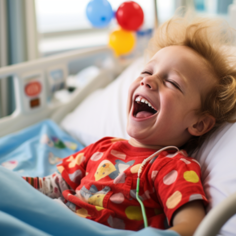 Kindje in het ziekenhuis die vrolijk lacht
