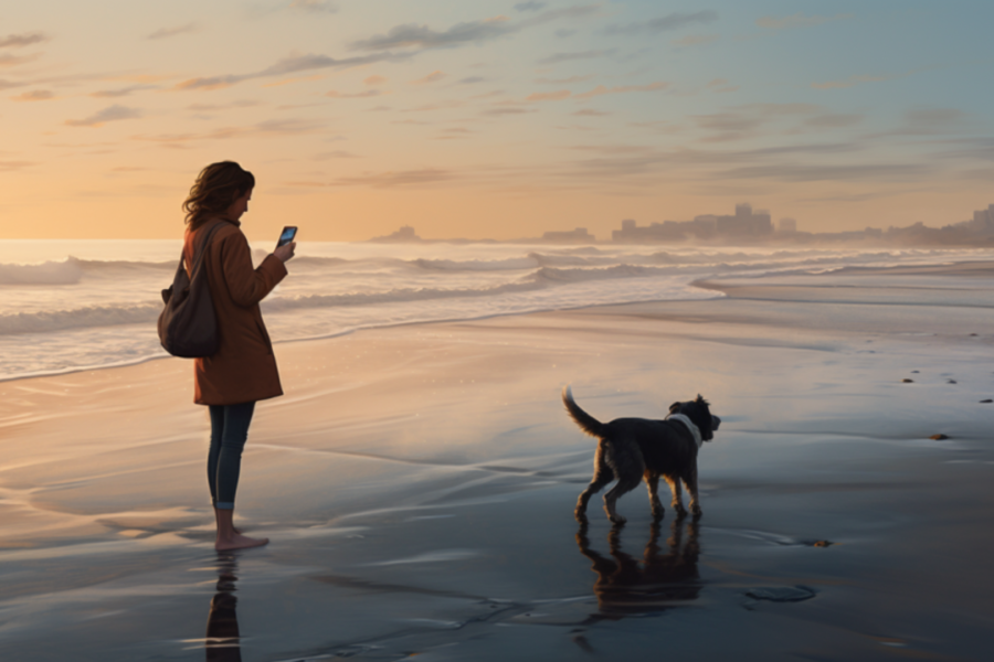 Een vrouw loopt over het strand met haar hond en heeft haar telefoon vast