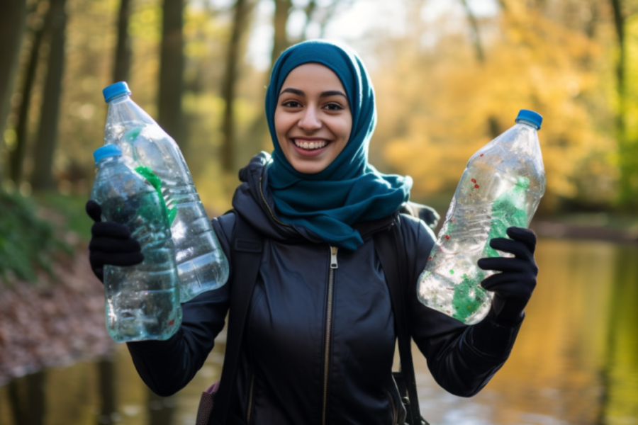Vrolijke vrouw met hoofddoek houdt plastic flessen vast in het bos