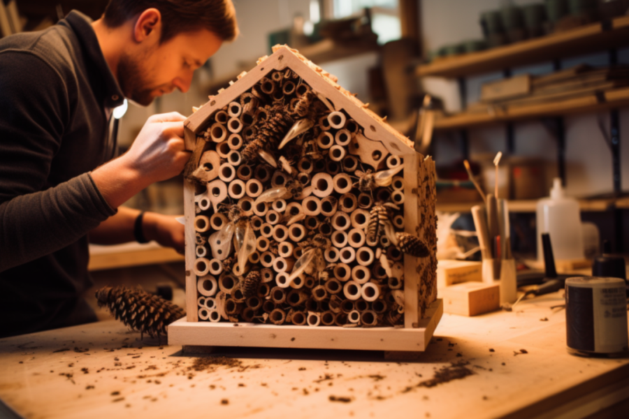 Man is aan een bijenhotel aan het bouwen in zijn garage